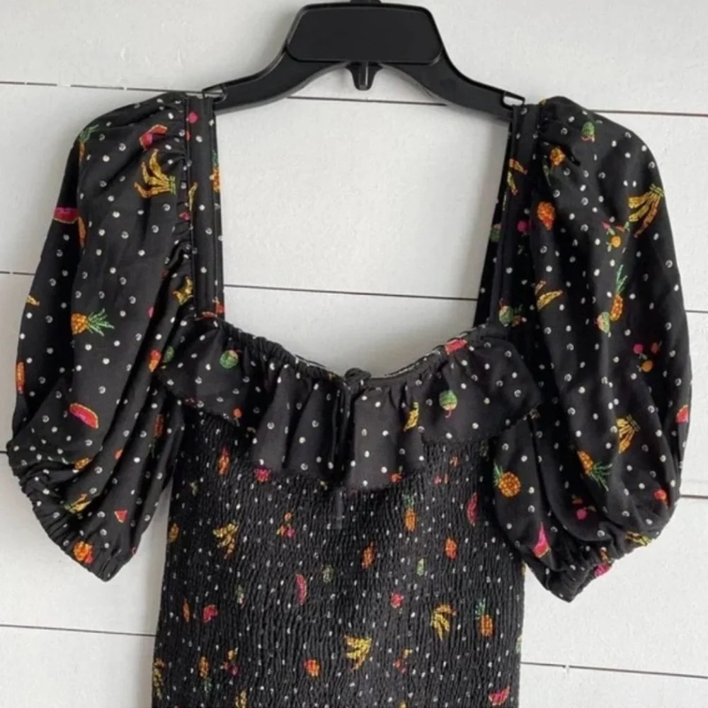 FARM Rio Tiny Fruits Smocked Black Puff Sleeve Mini Tropical Fruit Dress - Picture 9 of 11